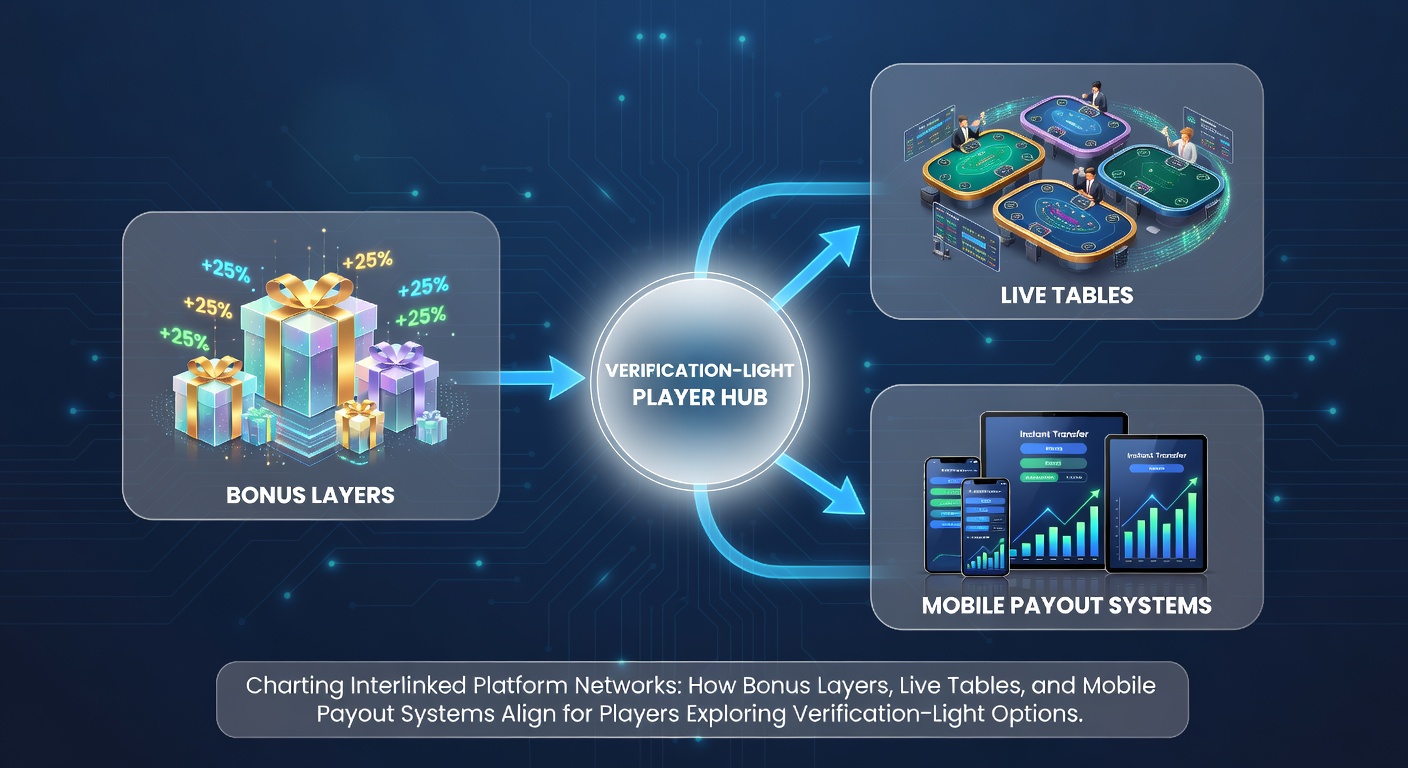 Interconnected digital networks showing bonus layers, live dealer tables, and mobile payout flows across verification-light gaming platforms