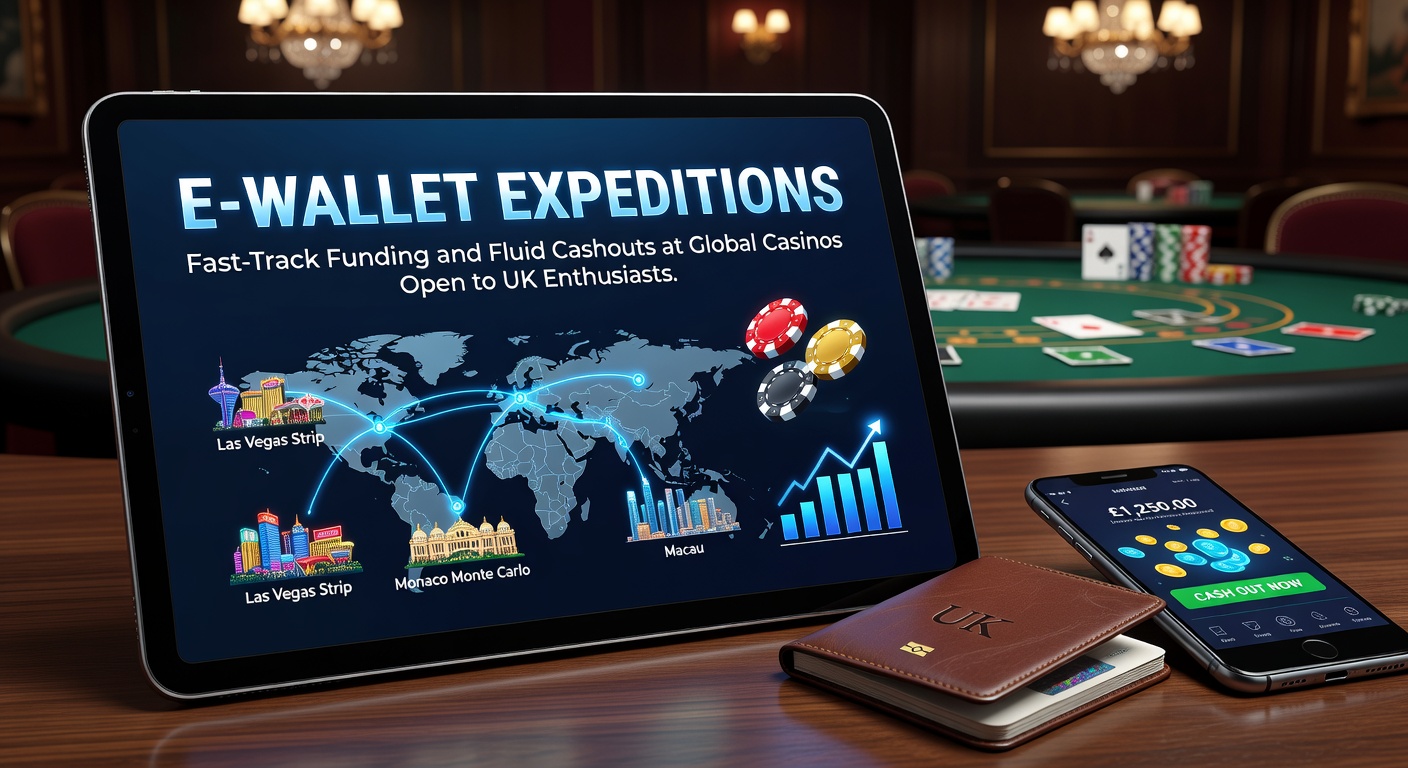 Digital wallet icons overlaying a vibrant casino table scene with global maps highlighting accessible sites for UK players