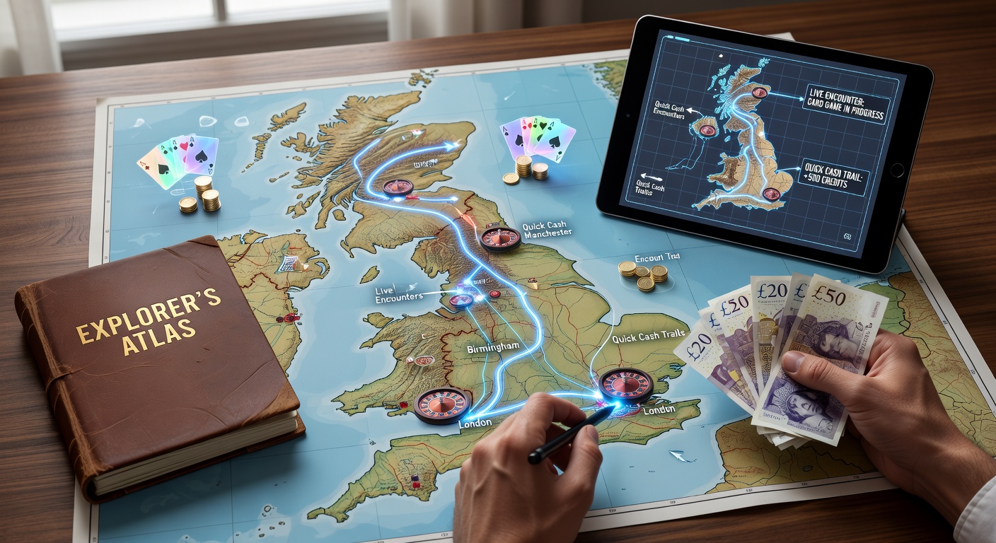 Adventurer charting a global map of unrestricted casino territories, highlighting quick cash routes and live gaming hubs for UK players