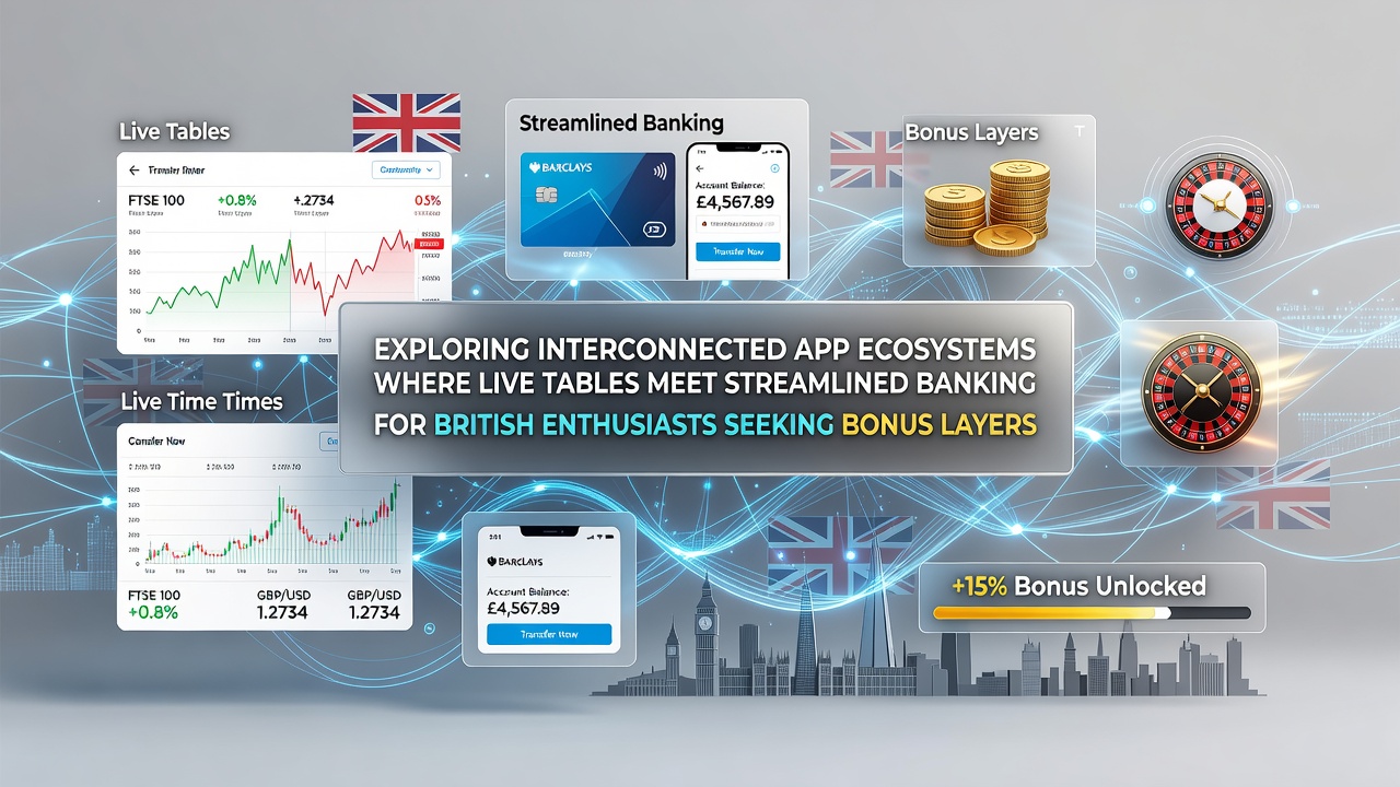 Illustration of interconnected mobile apps showing live gaming tables integrated with banking interfaces for UK users