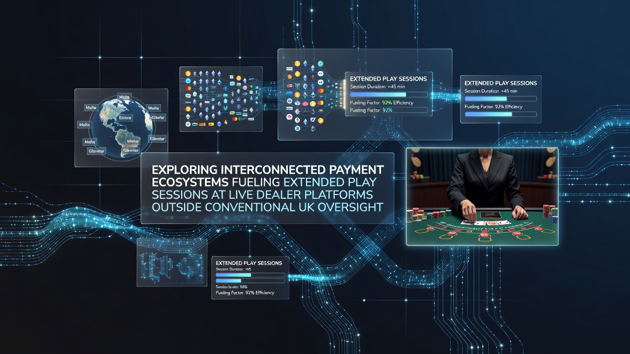 Diagram showing interconnected payment systems linking multiple live dealer platforms with arrows indicating transaction flows and extended session indicators