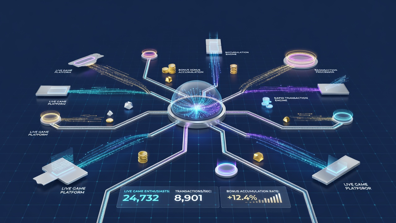 Diagram showing interconnected gaming platforms with arrows indicating data flow for bonuses and transactions