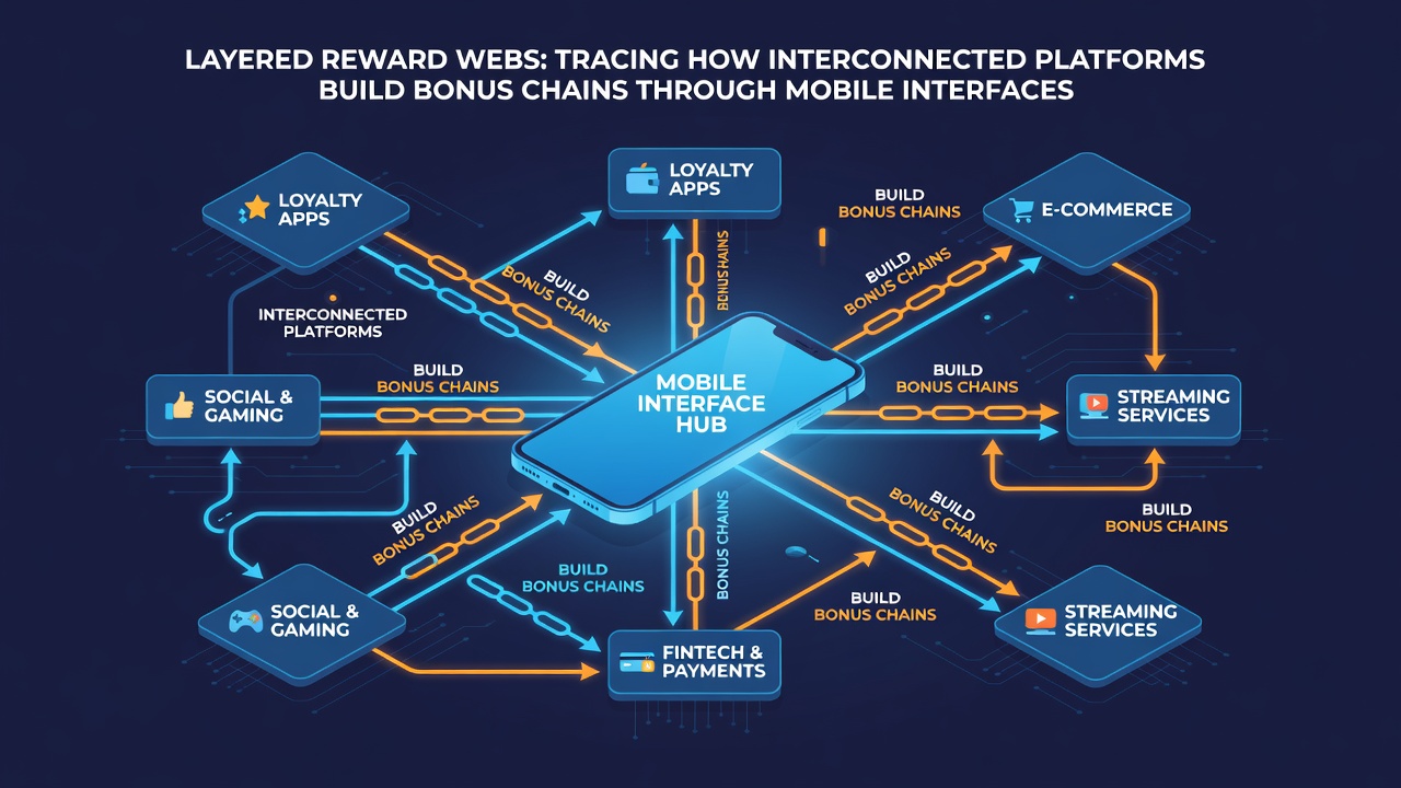 Illustration of mobile app screens displaying live dealer tables and accumulating bonus chains across linked platforms