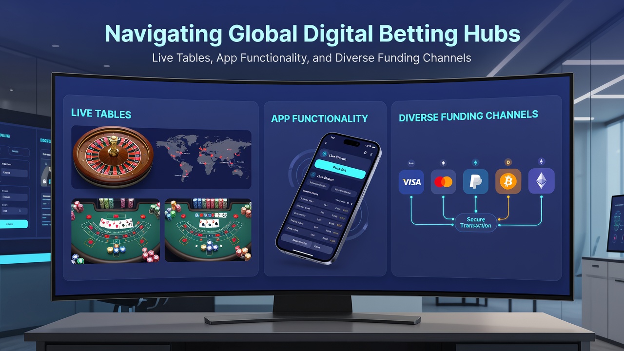 Mobile app screens displaying live tables and payment options on international betting platforms