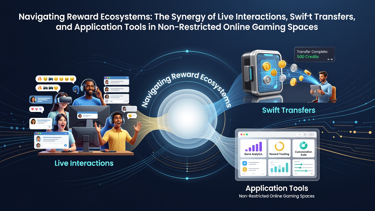 Illustration of interconnected gaming reward systems showing live dealer interfaces linked to mobile apps and instant transfer pathways