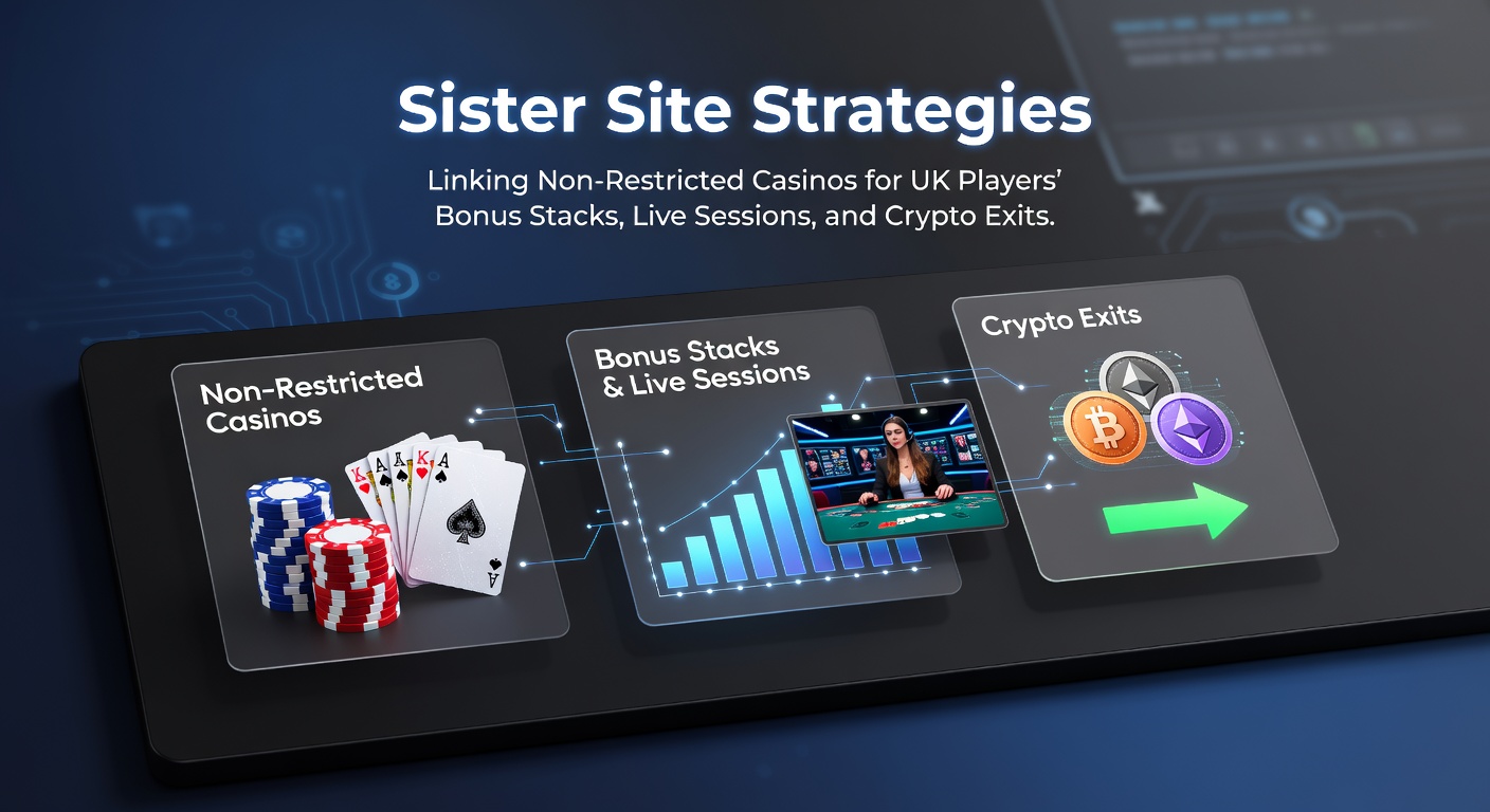 Digital network diagram showing interconnected casino platforms with bonus icons and crypto symbols linking non-restricted sites for UK players