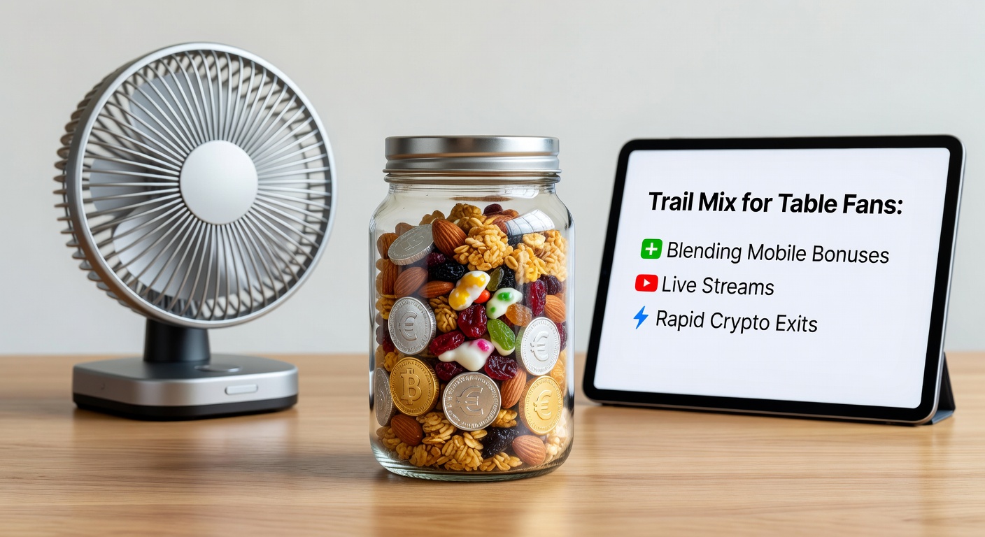 Vibrant trail mix overflowing with nuts, fruits, chocolate pieces alongside a sleek mobile device streaming live blackjack and glowing crypto wallet icons, symbolizing the blend of gaming rewards